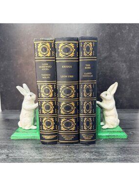 White Rabbit Bookends Cast Iron Bunny Pair Green Base Vintage Cottage